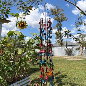 Triple Tiered Wind Chime with Colorful Bells & Leaves, Multicolor Yard Art, Garden Decor, Outdoor Patio, Porch Accent, Backyard Garden Gift