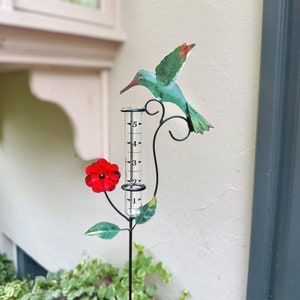 Hummingbird Multicolor Rain Gauge | Metal Garden Stake Decor, Yard Art