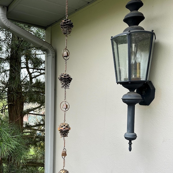 Handmade Metal Pine Cone Rain Chain with Bells | Nature-Inspired Garden Decor