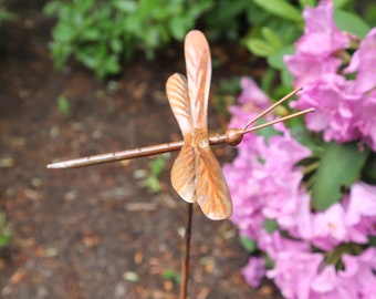 Handcrafted Dragonfly Garden Stake with Flamed Finish Metal Art, Iridescent Color for Flowerbeds, Potted Plants, Garden Decor, Yard Stakes