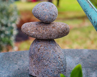 Zen Garden Cairn Statue, 3 Stacked River Rock Sculpture, Meditation Yard Art, Outdoor Patio Decor, Stone Balance Housewarming Gift