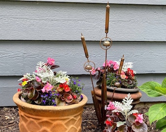 Flamed Metal Cattail Garden Stake with Bells, Whimsical Outdoor Yard Art, Plant Stake