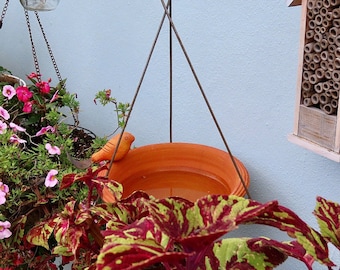Handcrafted Hanging Bird Bath | Garden Decor with Sculpted Bird, Ceramic Bird Bath for Birds, Patio, Balcony, Lawn Ornament