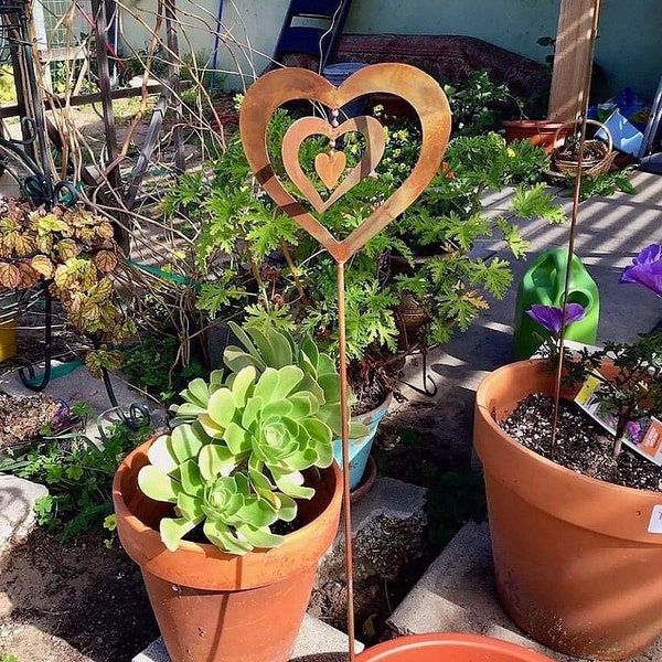 Triple Spinning Heart Garden Stake - Happy Gardens | Yard Art | Outdoor Art | Gardening | Garden Gifts | Metal Art | Yard Stakes | Decor