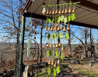 Copper Bells Wind Chime, Outdoor Metal Wind Chime, Rustic Garden Decor, Verdigris Leaf Ornament, Patio Porch Accent, Gardener Gift