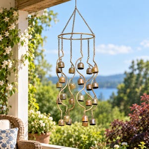 Metal Wind Chime with Bells, Outdoor Garden Decor, Rustic Hanging Bells, Patio Porch Ornament, Yard Art, Handcrafted Gardener Gift