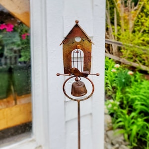 Bird House Garden Decor Stake with Bells, Garden Decor, Patio Stake, Yard Art, Outdoor Decor, Gardener Gift, Birds Lover Gift, Gift for Home