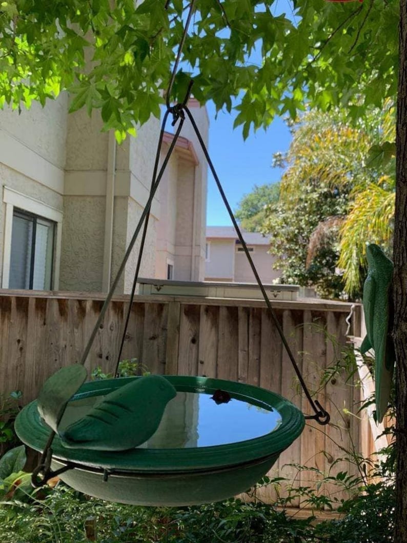Puede incluir: Un bebedero para p&aacute;jaros verde con un dise&ntilde;o de hoja cuelga de un gancho de metal. El bebedero est&aacute; lleno de agua y refleja el cielo azul.
