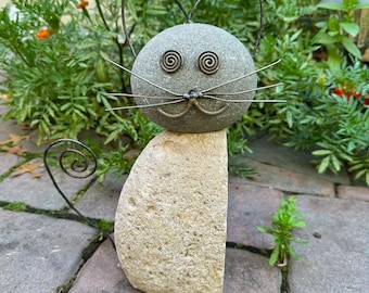 Handcrafted Whiskered Cat Garden Statue | River Stone & Steel Lawn Ornament, Yard Art, Cat Memorial Gift, Cute Feline Garden Sculpture