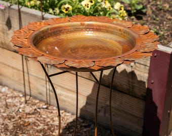 Flamed Metal Leaf Bird Bath | Garden Decor, Outdoor Water Feature, Copper Yard Art, Birding, Garden Ornaments, Yard Decor