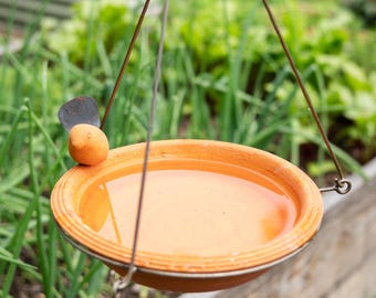 Handcrafted Hanging Bird Bath | Garden Decor with Sculpted Bird, Ceramic Bird Bath for Birds, Patio, Balcony, Lawn Ornament