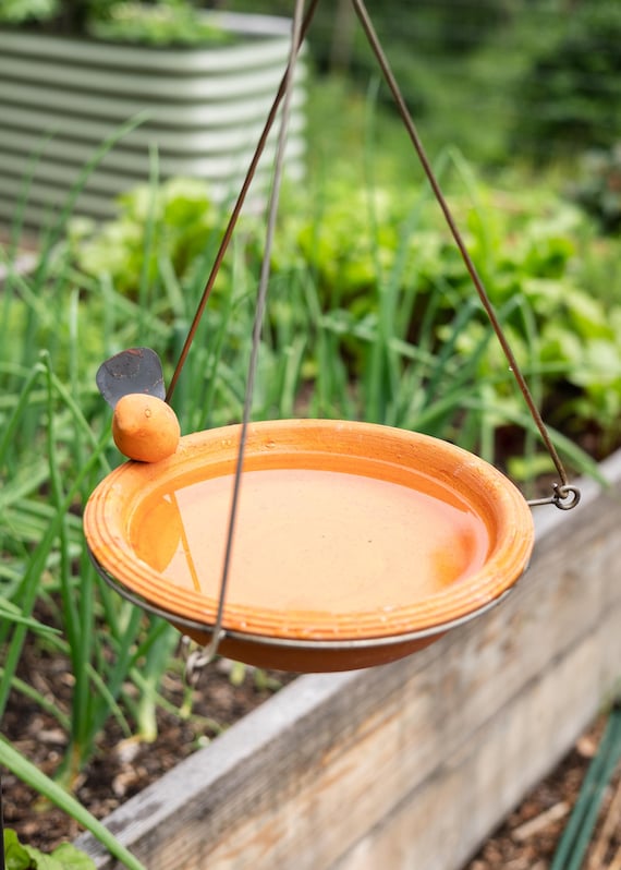 Handcrafted Hanging Bird Bath | Garden Decor with Sculpted Bird, Ceramic Bird Bath for Birds, Patio, Balcony, Lawn Ornament