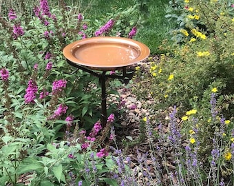 Rustic Solid Copper Bird Baths with Twig Staked Base, 15” Diameter Garden Water Feature