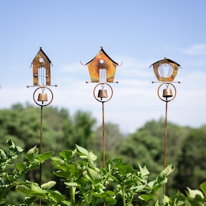 Handcrafted Bird House Garden Stake with Bell: Whimsical Yard Art - 1 Per Order, Can Order More than 1 However
