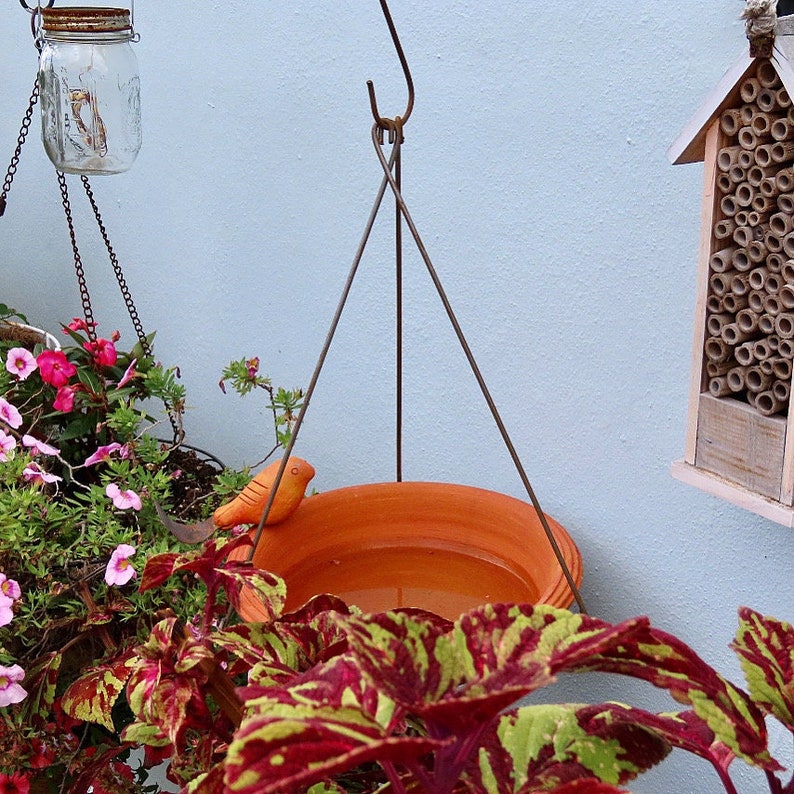 May include: A terracotta bird bath with a small bird figurine on the rim hangs from a metal hook. The bath is filled with water and surrounded by green and red foliage.