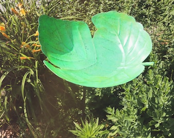Handcrafted Green Leaf Bird Bath | 16" Diameter, 38" Tall Garden Decor