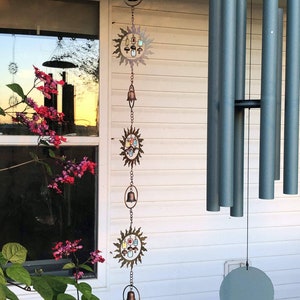 Sun w/Dangles Rain Chain | Hanging Ornaments | Yard Art | Garden Decor | Gifts for Mom | Sun and Moon Art | Wind Chimes | Garden Stakes