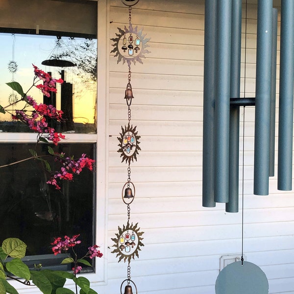 Sun w/Dangles Rain Chain | Hanging Ornaments | Yard Art | Garden Decor | Gifts for Mom | Sun and Moon Art | Wind Chimes | Garden Stakes