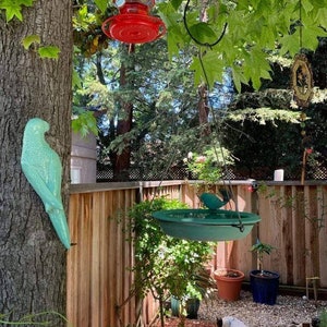 Puede incluir: Una escena de jard&iacute;n con un comedero de p&aacute;jaros verde colgado de una rama de &aacute;rbol, un comedero de colibr&iacute;es rojo colgado de una rama de &aacute;rbol, una figurita de p&aacute;jaro de cer&aacute;mica verde unida al tronco de un &aacute;rbol y un perro blanco caminando por un sendero.