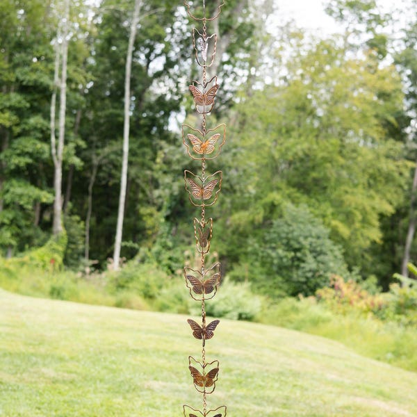 Handcrafted Butterfly Rain Chain | Flamed Steel Garden Ornament | Outdoor Water Feature | Whimsical Garden Decor