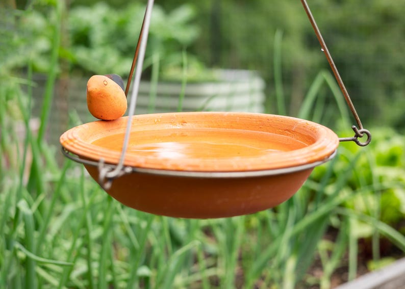 Handcrafted Hanging Bird Bath | Garden Decor with Sculpted Bird, Ceramic Bird Bath for Birds, Patio, Balcony, Lawn Ornament image 4