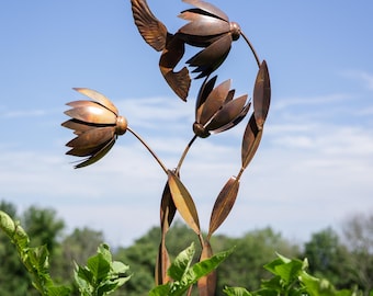 Handcrafted Hummingbird Garden Stake | Floral Metal Art