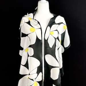 Hand-painted Silk Scarf Wrap With Large White Blooms On Black. Chic, Modern, Artistic, Unique Gift For Her. 72&quot;X14&quot;,&quot;MILANO&quot;
