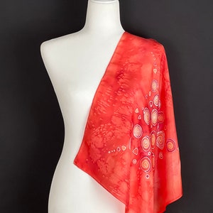 Hand-painted Silk Scarf In Red With Abstract Artwork, Boho-chic Bandana Headscarf, Gift For Her, 21&quot;X 21&quot;, &quot;SUBLIME SUNSET&quot;
