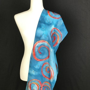 Hand-painted boho silk scarf, abstract modern scarf in blue, red and gold, artistic birthday gift for her, 60&quot;X11&quot;,&quot;JUST CHILL&quot;.