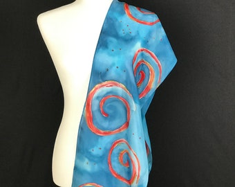 Hand-painted boho silk scarf, abstract modern scarf in blue, red and gold, artistic birthday gift for her, 60"X11","JUST CHILL".