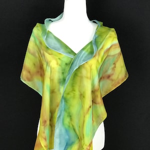 Hand-painted silk scarf, abstract green blue silk scarf, nature-inspired silk wrap, artistic gift for her, 72&quot;X14&quot;, &quot;Nature&#39;s Caress&quot;