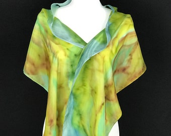 Hand-painted silk scarf, abstract green blue silk scarf, nature-inspired silk wrap, artistic gift for her, 72"X14", "Nature's Caress"