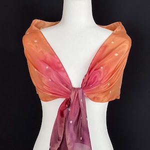 Silk Scarf, Hand-painted Ombre Shades Of Orange, Scarlet, Purple, Luxury Head-scarf, 60&quot;X 11&quot;, &quot;Sunset-Ombre&quot;