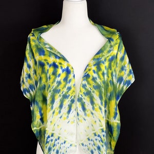 Silk Scarf Handmade, Green,blue,yellow Shibori Scarf, Artistic Wrap, Headscarf, Cover-up, Gift For Her, 60&quot;X11&quot;, &quot;RAINFOREST&quot;