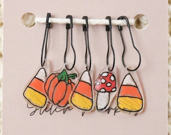 Set of Five Stitch Markers, Fall Stitch Markers for Crochet, Halloween Stitch Marker Set, Halloween Progress Keepers, Autumn Stitch Markers