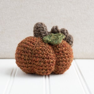 May include: A crocheted pumpkin with a brown stem and green leaves. The pumpkin is made of a brown yarn and has a textured surface.