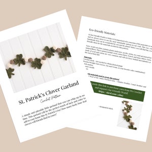 Puede incluir: Un patr&oacute;n de crochet para una guirnalda de tr&eacute;bol de San Patricio. El patr&oacute;n incluye instrucciones para hacer una guirnalda simple con tr&eacute;boles verdes, marrones y blancos. El texto en la p&aacute;gina dice "St. Patrick's Clover Garland Crochet Pattern" y "Una guirnalda peque&ntilde;a, simple y adorable que puedes hacer en un abrir y cerrar de ojos. &iexcl;Esta guirnalda ser&aacute; el toque perfecto de suerte y color para agregar a tu hogar este D&iacute;a de San Patricio! &iquest;Cu&aacute;ntos tr&eacute;boles de cuatro hojas encontrar&aacute;n tus amigos en tu casa?"