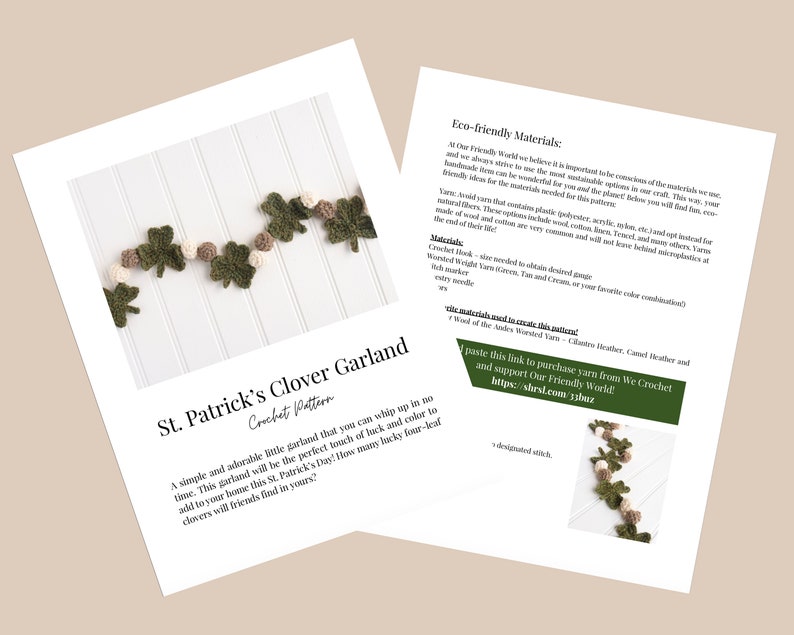 Puede incluir: Un patr&oacute;n de crochet para una guirnalda de tr&eacute;bol de San Patricio. El patr&oacute;n incluye instrucciones para hacer una guirnalda simple con tr&eacute;boles verdes, marrones y blancos. El texto en la p&aacute;gina dice "St. Patrick's Clover Garland Crochet Pattern" y "Una guirnalda peque&ntilde;a, simple y adorable que puedes hacer en un abrir y cerrar de ojos. &iexcl;Esta guirnalda ser&aacute; el toque perfecto de suerte y color para agregar a tu hogar este D&iacute;a de San Patricio! &iquest;Cu&aacute;ntos tr&eacute;boles de cuatro hojas encontrar&aacute;n tus amigos en tu casa?"