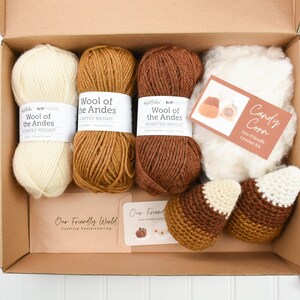 May include: A brown cardboard box filled with a crochet kit to make candy corn. The kit includes three balls of yarn in white, brown, and orange, stuffing, and two finished crocheted candy corn. The box also includes a card with the text "Candy Corn Eco-Friendly Crochet Kit" and a card with the text "Our Friendly World Crafting Sustainability".