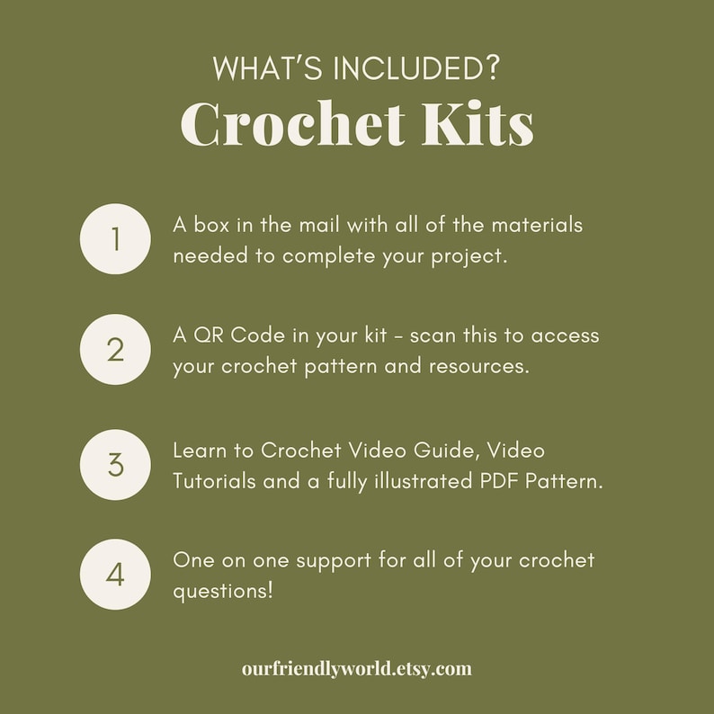 Op de afbeelding: Een olijfgroene informatieve afbeelding met de titel WHAT'S INCLUDED? Crochet Kits. Het bevat vier punten: 1. Een doos per post met materialen. 2. Een QR-code voor patronen. 3. Videogidsen en PDF-patronen. 4. Individuele ondersteuning. ourfriendlyworld.etsy.com