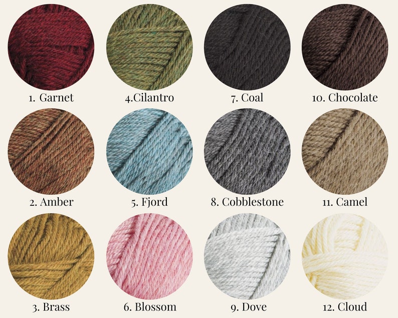 May include: Twelve yarn skeins in various colors, including garnet, cilantro, coal, chocolate, amber, fjord, cobblestone, camel, brass, blossom, dove, and cloud.
