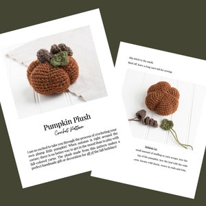 May include: Crochet pattern for a plush pumpkin with instructions on how to make it. The pattern includes a close-up of the finished pumpkin and a description of the materials needed.