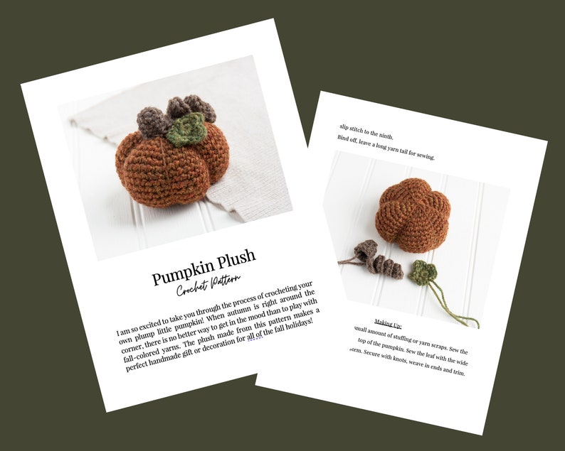 May include: Crochet pattern for a plush pumpkin with instructions on how to make it. The pattern includes a close-up of the finished pumpkin and a description of the materials needed.