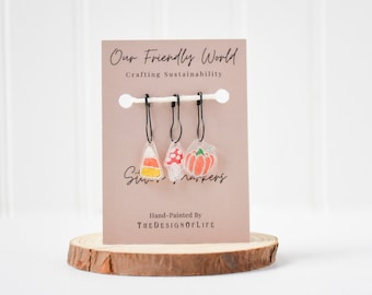Hand Painted Fall Stitch Marker Set: Pumpkin, Candy Corn, Mushroom