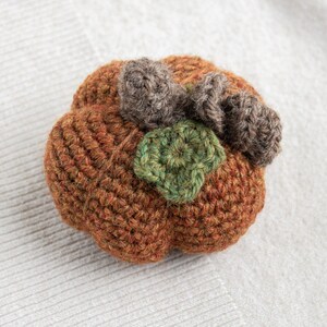 May include: A crocheted pumpkin with brown and green yarn. The pumpkin has a stem and leaves.