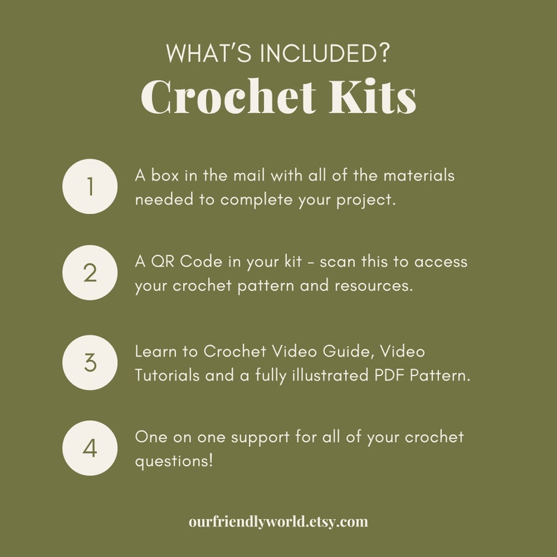 May include: A green background with white text that reads "WHAT'S INCLUDED? Crochet Kits".  There are four numbered steps with descriptions of what is included in a crochet kit.  The steps include a box of materials, a QR code, a video guide, and one-on-one support.  The text at the bottom of the image reads "ourfriendlyworld.etsy.com".