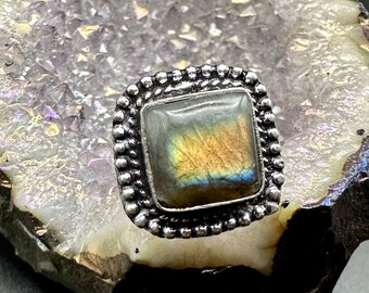 Size 6.5 Labradorite Ring, Sterling Silver Crystal Ring, Gift Box Included, Rainbow Flash Square Shape