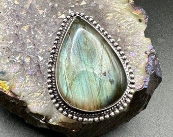 Size 6 Labradorite Ring, Sterling Silver Crystal Ring, Gift Box Included, Blue Flash Teardrop Shape