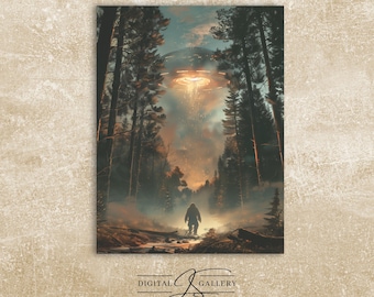 Bigfoot First Contact UFO Encounter, Cryptid Conspiracy Wall Art, Paranormal Print, Digital Download
