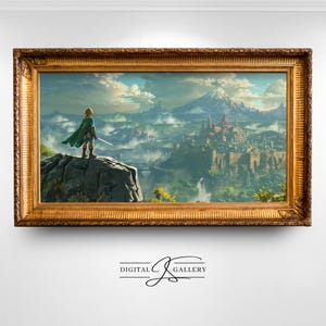 May include: A framed digital painting of a green-clad figure standing on a cliff overlooking a city in the distance. The city is surrounded by mountains and clouds. The painting is in a gold frame.